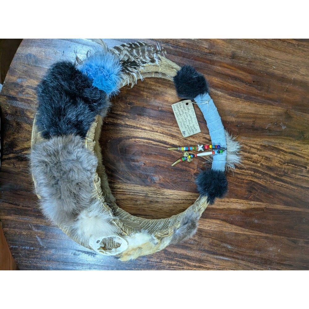 Vintage Hand-Woven Crescent Art Basket with Mixed Fur, Feathers & Beads - Picture 9 of 9